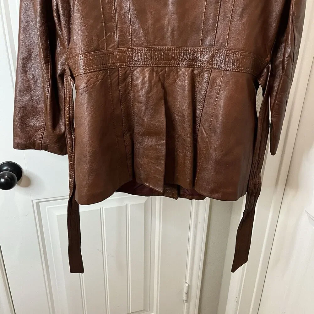 Women's Breton Brown Genuine Leather Western Button Belted Jacket Size L Boho